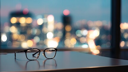 Obraz na płótnie Canvas Eyeglasses resting on desk with city view at sunset: vision of success