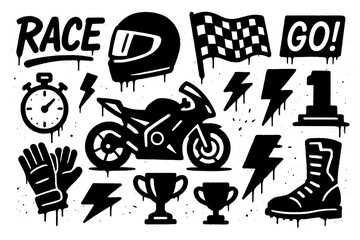 Motorbike racing symbols with helmet, trophy, gloves, and lightning bolts in graffiti stencil style, Transparent Background
