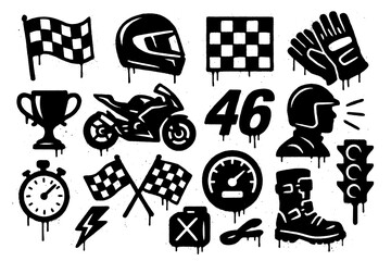 Motorbike racing symbols with helmet, trophy, gloves, and lightning bolts in graffiti stencil style, Transparent Background