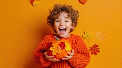 Joyful child holding pumpkin decorated with autumn leaves, smiling and wearing orange sweater