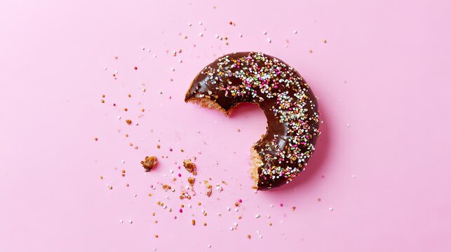 Half eaten chocolate donut with sprinkles on pink background