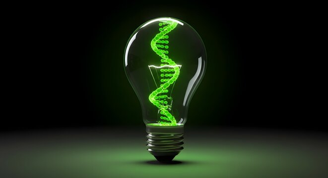 Light bulb idea concept for business and green energy. Light bulb with a glowing green DNA strand inside, symbolizing innovation in genetics or biotechnology. - Powered by Adobe