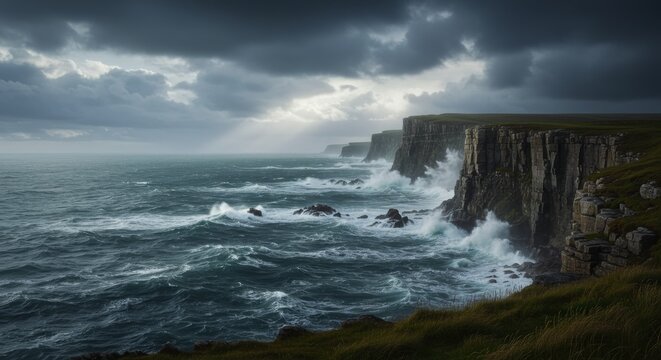 Dark coastal cliffs battered by crashing stormy ocean waves.

