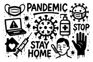 Pandemic icons with masks, gloves, virus, and sanitizer in graffiti stencil style, Transparent Background