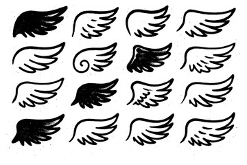 Hand drawn angel and bird wing icons in bold graffiti style, Transparent Background