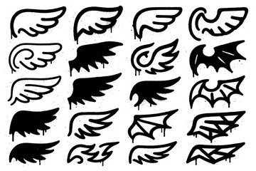 Hand drawn angel and bird wing icons in bold graffiti style, Transparent Background