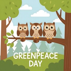 Obraz premium Cartoon Owls Perched on Branch in Forest Celebrating Greenpeace Day