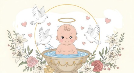 Illustration of baby baptism in water, baby baptism concept shows infant in decorated font with floating doves. Illustration about baby baptism event represents a spiritual awakening.