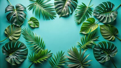 Lush Tropical Foliage Arranged in a Circular Frame Against a Vibrant Teal Background, Perfect for Summer Designs and Nature-Inspired Projects