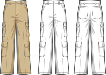 Vector Flat Sketch of Cargo Pants with Multiple Pockets, Utility Style Trousers for Fashion Design, Technical Apparel Illustration