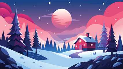Naklejka premium A serene winter landscape featuring snow-covered trees and a cozy house in the background..eps