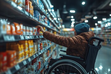 Obraz premium Person in Wheelchair Shopping at Supermarket.Inclusive Accessibility and Independence in Daily Life