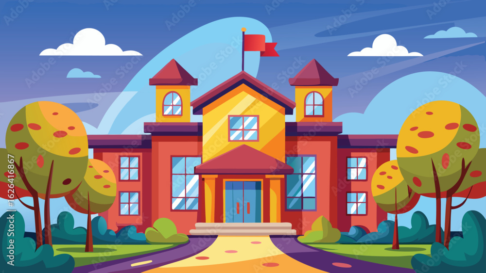 Poster exterior view of a school building with a visible sign displaying the word school..eps