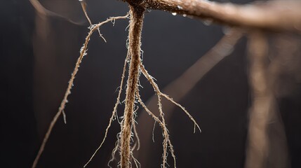 Thin fibrous aerial roots hanging in macro style photograph
