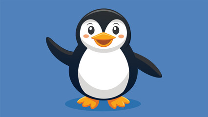Cartoon penguin waving cheerfully with a friendly expression against a simple background..eps
