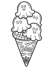 Ghost Ice Cream Cone with BOO Text Halloween Kawaii Coloring Page