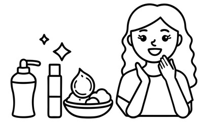 Skincare illustrations set. Collection of girl applying cleansing products and washing her face with water. Beauty and hygiene concept. Vector illustration               