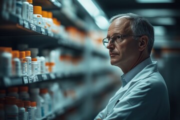Fototapeta premium Senior Pharmacist in Lab Coat Analyzing Medication Stock in Modern Pharmacy