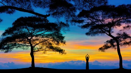 Digital detox in nature style. Serene silhouette against a colorful sunset with trees.