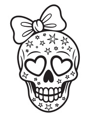 Day of the Dead Sugar Skull with Heart Eyes – Cute Halloween Line Art