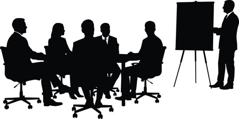 Silhouette of business professionals in corporate meeting, discussing project strategy during leadership presentation in modern office conference room