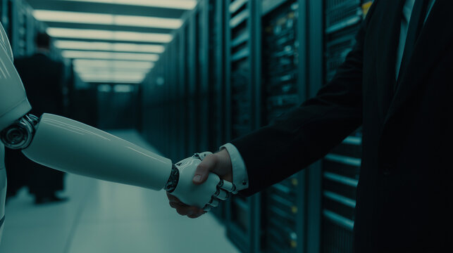 A powerful handshake between a human and a robot symbolizing cooperation, technology, and futuristic partnerships in a data center setting. - Powered by Adobe