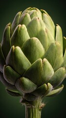 Close-up of an artichoke revealing intricate layers and textures, highlighting its unique form against a dark green backdrop