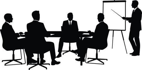 Silhouette of business meeting with professionals discussing presentation at boardroom table, corporate training, teamwork, collaboration, communication concept