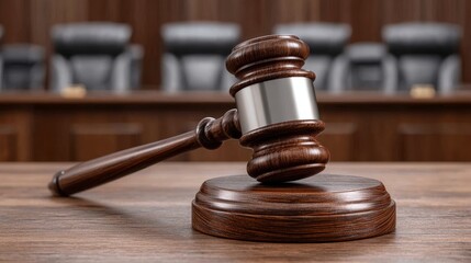 Obraz premium Courtroom justice gavel and hammer symbolizing law and order in a blurred background setting