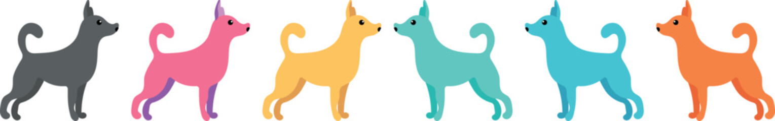 Vector set of colorful dogs in standing position. Cute flat cartoon style animals in different bright colors, isolated on white.