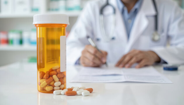 Pharmacist in white coat sorts medical supplies. Pro at desk surrounded by various supplies including pill bottles, medical equipment. Blurred background suggests hospital pharmacy setting. Medical