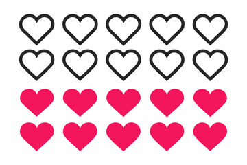 Fifteen hearts in rows with two rows of outlined hearts and two rows of solid pink hearts