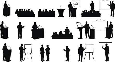 Silhouettes of business people speaking at podium, giving presentations, addressing audience, corporate training, conference, public speech, leadership concept