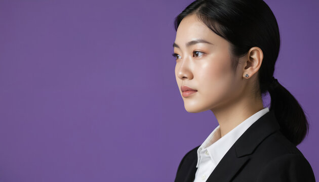 Young Asian woman with full dark hair, piercing eyes and nose, wearing white blouse, black blazer and white shirt. Dark purple gradient background. Pro female, confident and powerful executive.