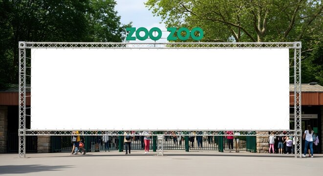 Entrance to zoo with large blank banner for text, logo or advertisement. Entrance with blank banner provides advertising or promotional opportunity for new events.