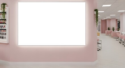 Blank canvas mockup in beauty salon with pink walls and blurred background, blank canvas mockup, showcasing potential. In this tranquil beauty salon,