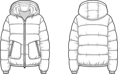Vector Technical Flat Sketch of Hooded Puffer Jacket with Front Zipper and Pocket Details for Winter Fashion Outerwear Design