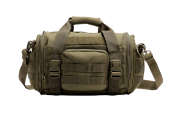 Olive drab duffel bag with tactical features.  Durable, military-style bag with multiple straps and compartments.  Front features MOLLE webbing.  Dark background isolates the bag