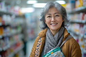 Smiling Mature Asian Woman Shopping for Supplements in Pharmacy