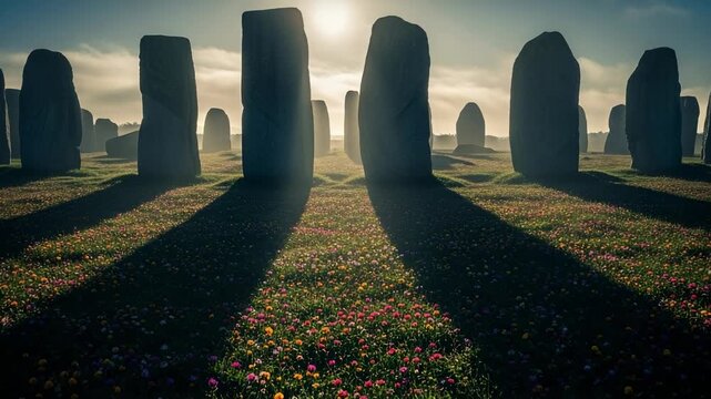 Mystical standing stones in a field of wildflowers at sunrise. Ancient megalithic monument casting long shadows in the morning mist. Epic fantasy landscape.