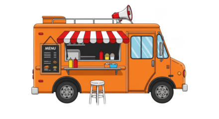 Orange Food Truck with Red and White Awning Menu and Megaphone Cartoon Style.
