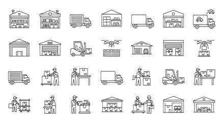 Collection of Line Art Icons Depicting Logistics Warehousing and Delivery Processes.