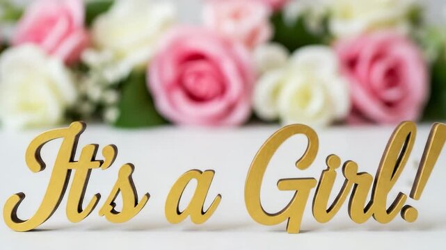 It's a Girl! Golden cursive text for a baby shower or gender reveal party with a floral background.