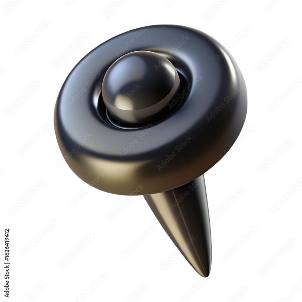 Poster 3d render of a sleek metallic push pin on a black background for design