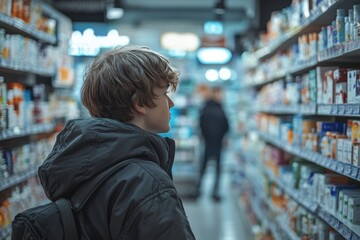 Teenager in store carefully choosing medicine, symbolizing responsible behavior, youth maturity, and the transition from childhood to adulthood.