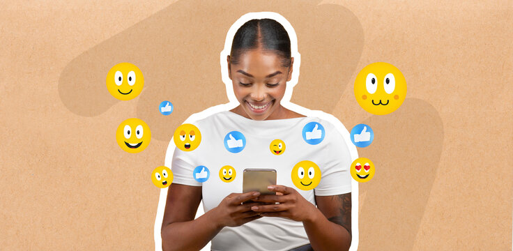 African American woman is happily engaged in messaging on her smartphone. She smiles as she interacts with various social media icons, showcasing her enjoyment of digital communication.