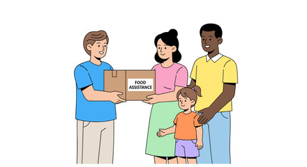 A volunteer cheerfully hands a food assistance box to a grateful family, symbolizing community support and charitable giving, promoting themes of hope and social welfare.