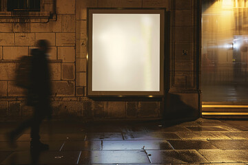 Vertical poster mockup displayed on a dim urban wall illuminated by soft night lighting