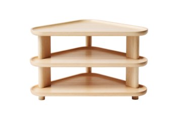 Light-colored wooden triangular shelving unit with three tiers