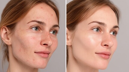 Woman's face with acne before and after treatment, side by side. Showcase skin care, improvement, beauty product results, & self-care.